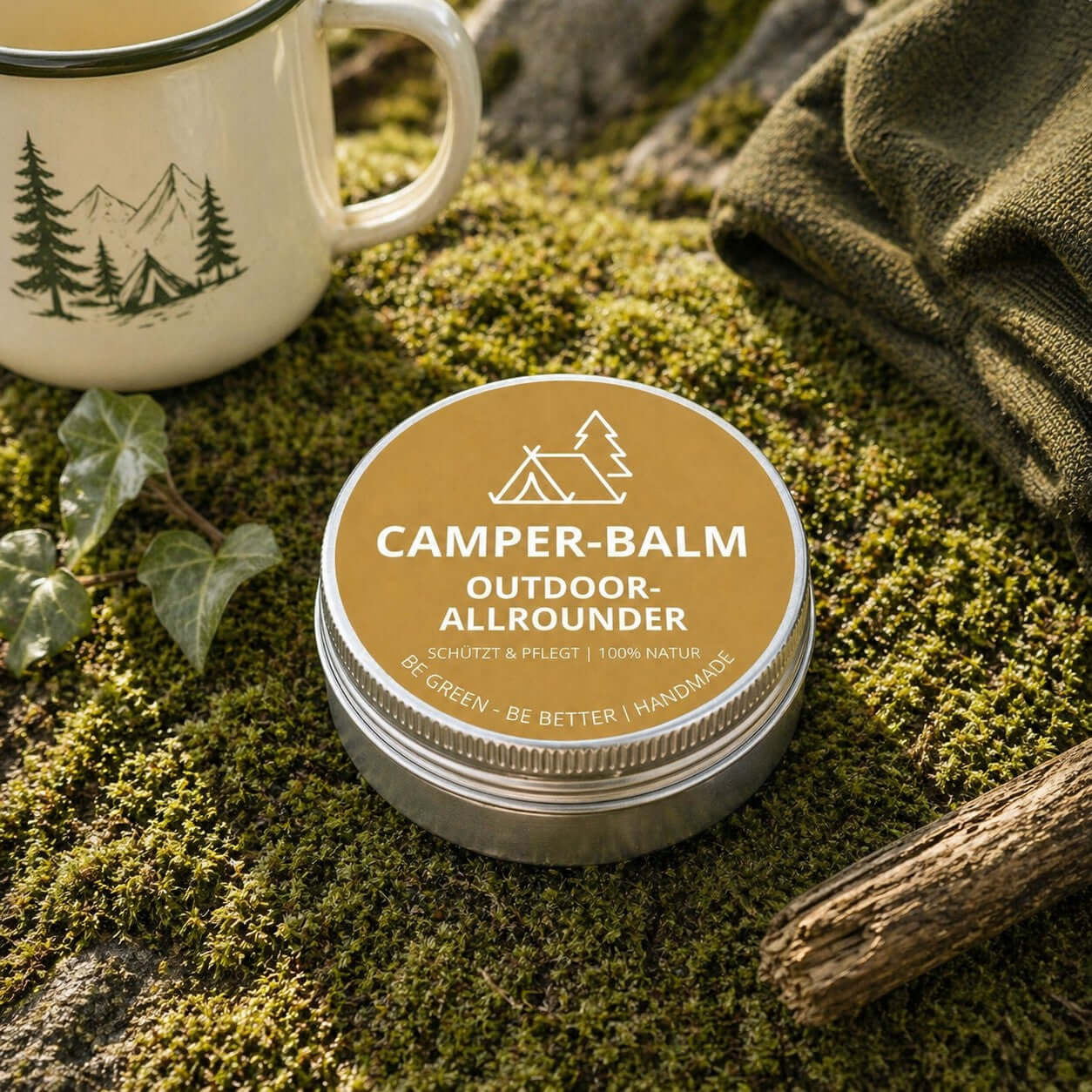 Camper-Balm in aluminiumdose mit Deko und natürlichem Hintergrund