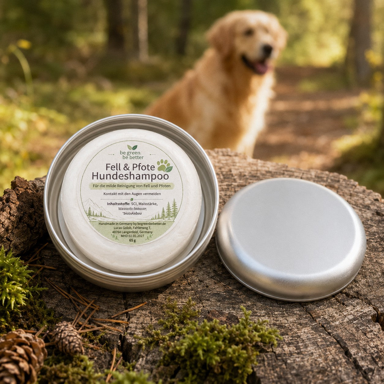 festes Hundeshampoo ohne Duft und Farbstoff in Aluminiumdose