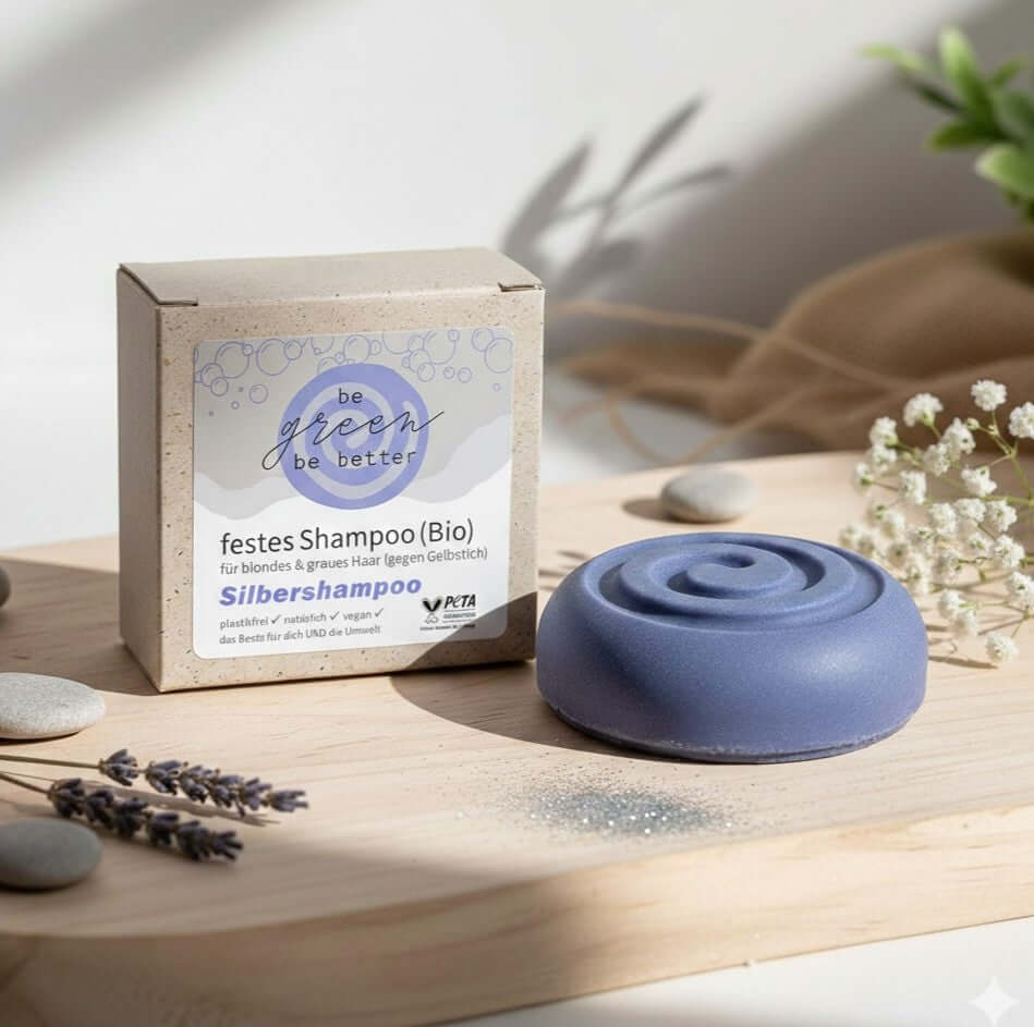 Naturkosmetik festes Silber Shampoo in Bio Qualität mit Graspapierverpackung