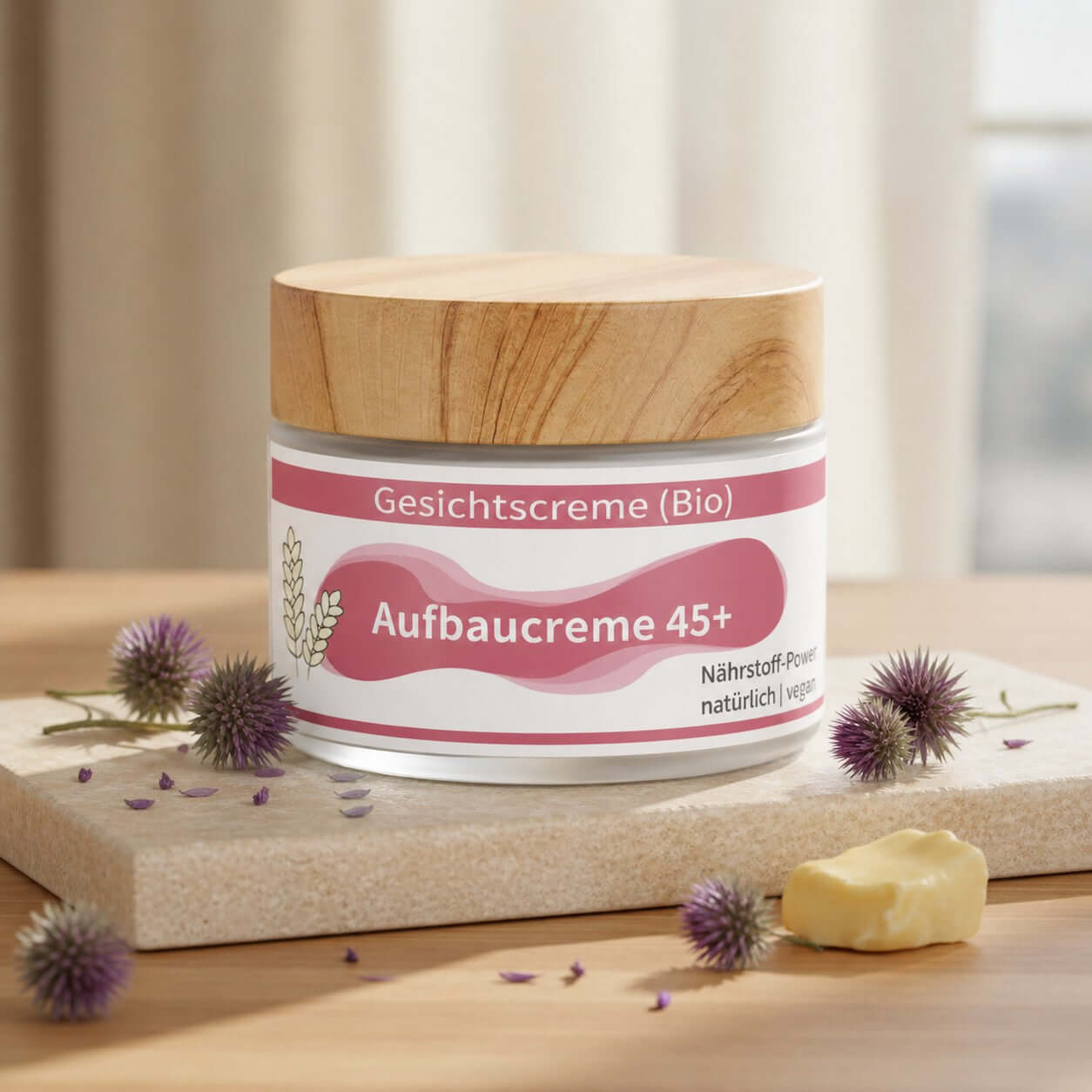 Aufbaucreme 45+ in Glasbehälter mit Deko