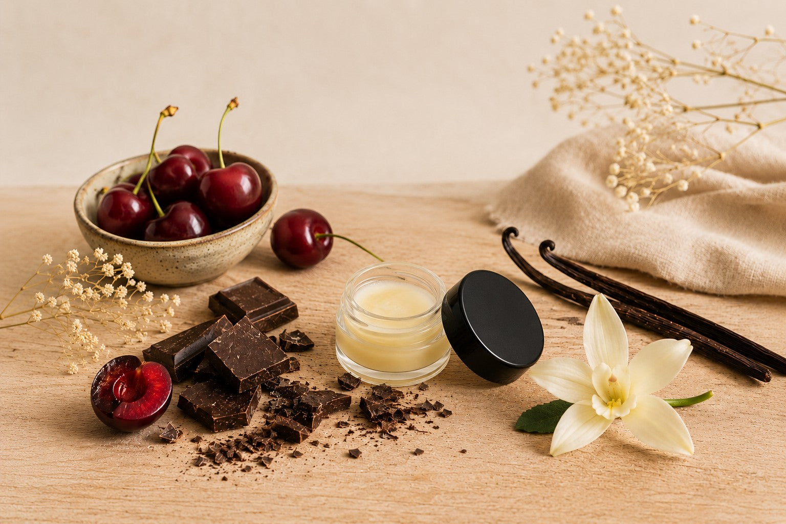 Vegane Bio Lipbalms mit Schokolade, Vanille und Kirsche