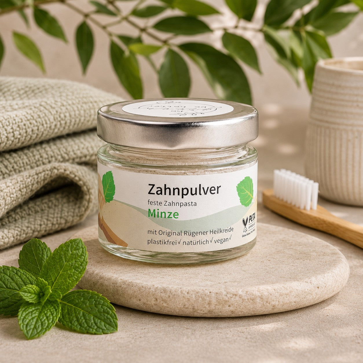 Zahnpulver Minze ohne Fluorid mit Rügener Heilkreide in Glasbehälter