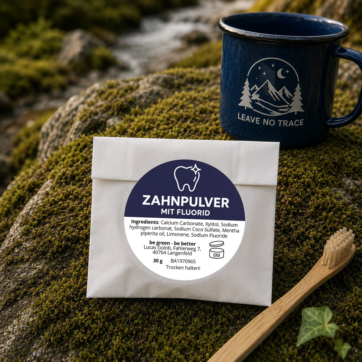 Outdoor Zahnpulver Refill mit Fluorid für natürliche Zahnpflege beim Camping, Wandern und Reisen